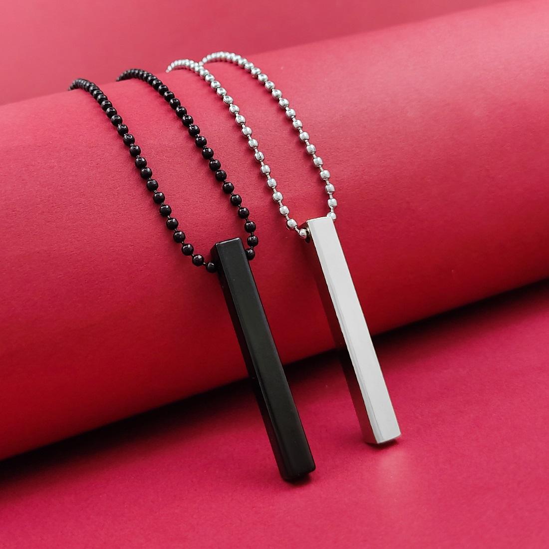 Stylish Silver- Black 3D Vertical Bar Cuboid Stick Locket Pendant Necklace Silver, Rhodium Alloy Locket Set