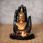 eCraftIndia Golden Silver Handcrafted Palm Buddha with Wooden Base, Fragranced Petals and Tealight